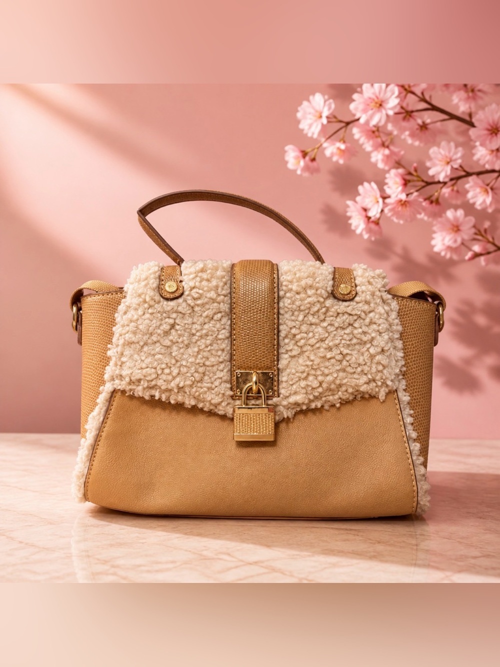 Anne Klein Tan and Cream Shearling Trim Satchel